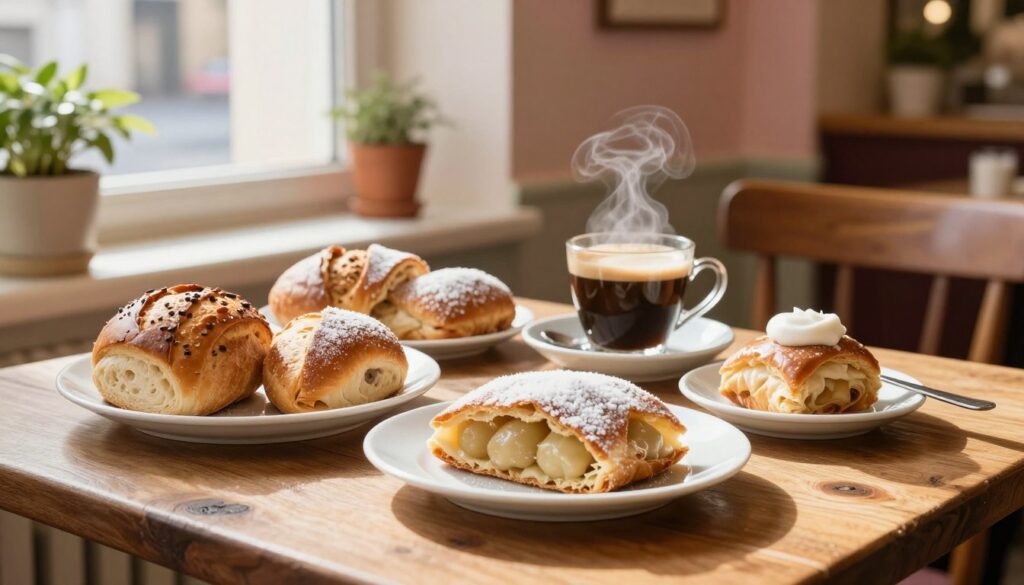A beautifully arranged Viennese breakfast spread on a rustic wooden table, showcasing a variety of freshly baked bread rolls like Semmel and Vollkornbrot, accompanied by a delicate plate of sweet pastries such as Apfelstrudel and Topfenstrudel. A steaming cup of rich, dark Austrian coffee sits next to a small glass with a hint of foam. Soft sunlight filters through a nearby window, casting warm, inviting light across the scene. In the background, a cozy Viennese café ambiance is suggested, with elegant wooden furniture, potted plants, and soft pastel walls. The mood is tranquil and inviting, perfect for a leisurely breakfast ritual. The image captures the essence of enjoyment and comfort associated with dining in Vienna.