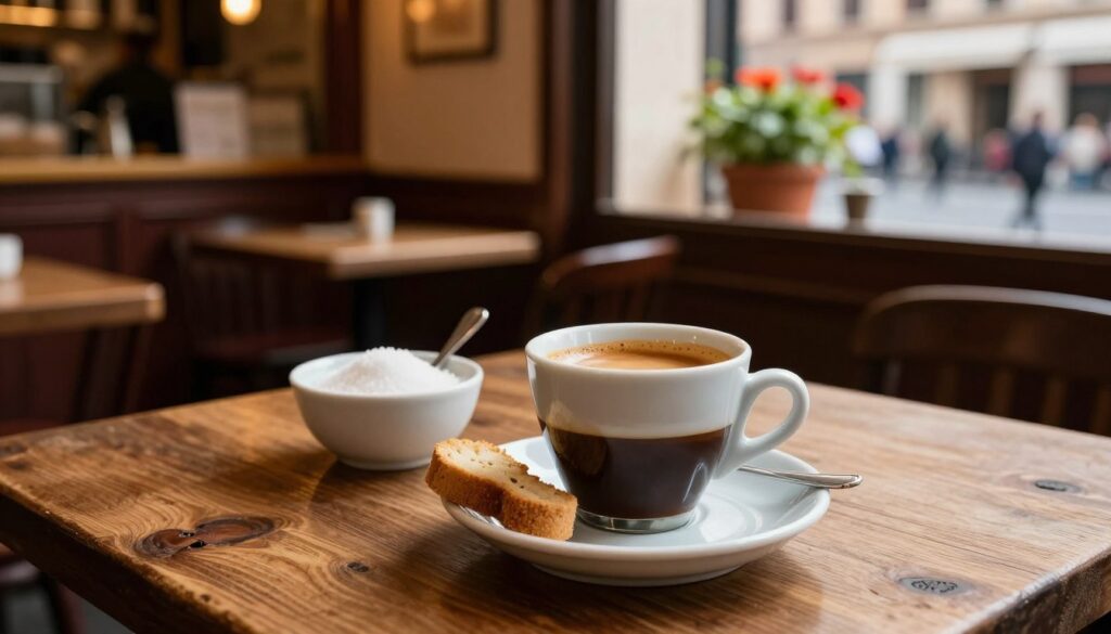 A beautifully arranged coffee scene featuring a classic Italian espresso served in a small, elegant porcelain cup, placed on a rustic wooden table. The foreground showcases the espresso with delicate crema, alongside a small sugar bowl and a biscotti for dipping. In the middle, an inviting Italian café ambiance with dark, rich wooden furnishings and soft, warm lighting creating a cozy atmosphere. Bright sunlight filters through a nearby window, casting gentle shadows. In the background, a hint of a bustling Roman street can be seen, with patrons enjoying their drinks and vibrant potted plants adding color. The overall mood is warm, lively, and authentically Italian, embodying the essence of enjoying coffee in Rome.