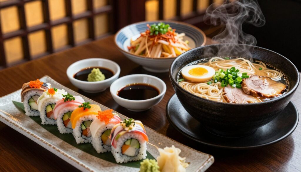 A beautifully arranged table featuring a variety of Asian dishes that represent the flavors of Asia in Toruń. In the foreground, a vibrant sushi platter with expertly rolled sushi adorned with fresh fish and colorful vegetables. Beside it, a steaming bowl of ramen garnished with green onions, soft-boiled egg, and a slice of tender pork. The middle ground shows small bowls of soy sauce and wasabi, adding to the visual appeal. In the background, Asian-style table decor with bamboo accents and subtle, warm lighting creating a cozy atmosphere. The scene is captured from a slight overhead angle, highlighting the textures and colors of the dishes, evoking a sense of delight and culinary adventure.