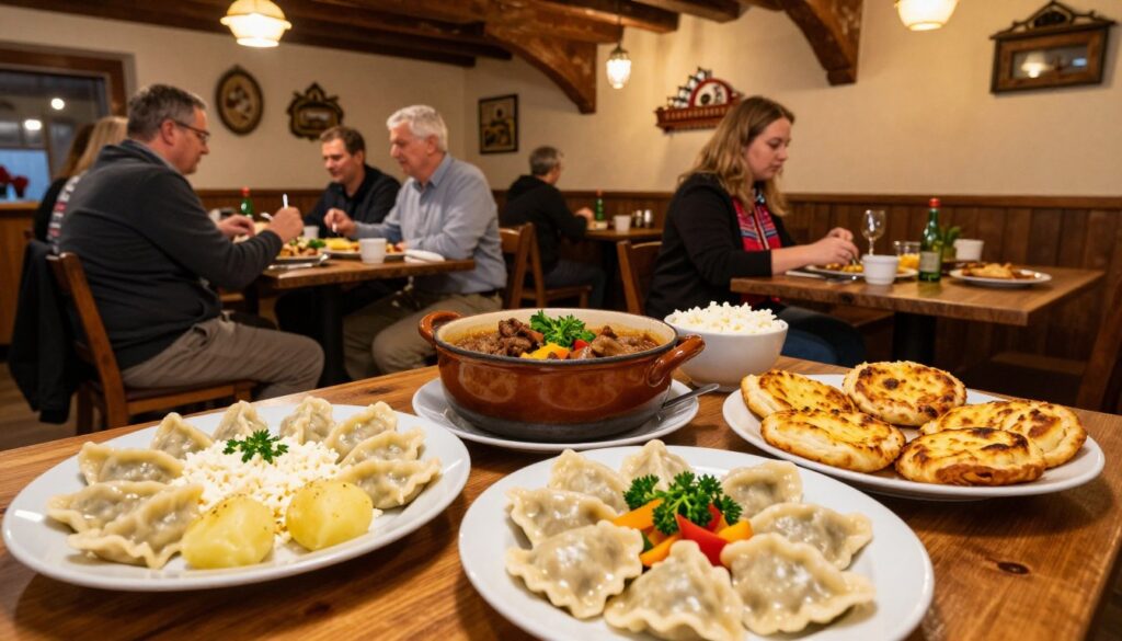 A beautifully arranged table featuring traditional Polish cuisine in an inviting Szczecin restaurant. In the foreground, showcase a variety of classic dishes, including pierogi stuffed with potatoes and cheese, bigos in a rustic pot, and golden-brown placki ziemniaczane. Fresh herbs and colorful vegetables should garnish the dishes. In the middle ground, capture wooden tables with friendly patrons enjoying their meals, dressed in modest casual attire, conveying a friendly, communal atmosphere. The background features the warm ambiance of the restaurant, with rustic wooden beams, soft yellow lighting, and vintage Polish decor. The image should evoke a sense of warmth and culinary tradition, illustrating the heart of Polish cuisine in Szczecin. Aim for a slightly overhead angle with a focus on rich colors and textures to evoke an inviting and appetizing mood.