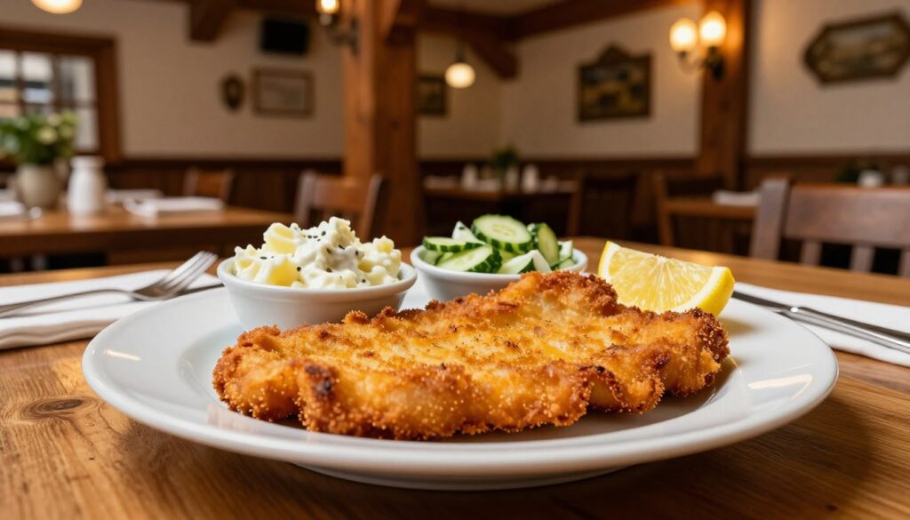 A beautifully plated wiener schnitzel sits prominently in the foreground, with a golden, crispy crust reflecting the soft overhead lighting. Surrounding the schnitzel are traditional Austrian accompaniments: a small dish of creamy potato salad, a refreshing cucumber salad, and a lemon wedge artfully arranged. The middle ground features an elegant wooden table set with fine dining utensils, hinting at a cozy Viennese restaurant atmosphere. In the background, softly blurred, charming restaurant elements evoke a warm ambiance — rustic wooden beams, dimly lit sconces, and subtle touches of greenery. The overall mood is inviting and appetizing, capturing the essence of a delightful Austrian lunch experience. The scene is shot from a slight angle above, emphasizing the textures and colors of the dish, creating a mouthwatering appeal.
