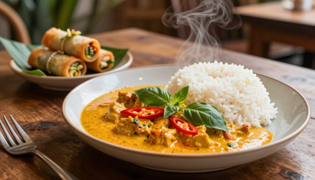 A beautifully presented plate of Thai curry, showcasing vibrant colors and intricate textures. In the foreground, a bowl filled with creamy, orange-hued coconut curry, garnished with fresh basil leaves and slices of red chili. Beside it, a mound of fluffy jasmine rice, steam rising gently to emphasize warmth. In the middle ground, a rustic wooden table adorned with traditional Thai utensils and a small dish of crunchy vegetable spring rolls, offering a delightful contrast. The background features soft, blurred elements of a cozy restaurant setting, with warm lighting that evokes a welcoming atmosphere. The scene is photographed from a slightly elevated angle, capturing the inviting essence of exotic dining.