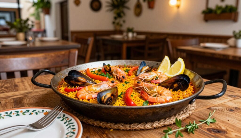 A beautifully presented traditional Valencian paella served in a large, shallow pan, rich with vibrant colors of saffron-infused rice, plump shrimp, mussels, and colorful bell peppers. The scene features fresh herbs and lemon wedges artistically arranged around the dish. In the foreground, a rustic wooden table sets the stage, with an elegant ceramic plate and fork beside the paella, inviting the viewer to partake. In the background, a cozy Spanish restaurant ambiance with hanging plants and atmospheric warm lighting creates a welcoming atmosphere. The angle captures the paella at an inviting height, evoking a sense of culinary delight and cultural richness. Soft natural light illuminates the dish, highlighting the textures and colors, enhancing the inviting and warm mood of enjoying an authentic meal in Valencia. A beautifully presented traditional Valencian paella served in a large, shallow pan, rich with vibrant colors of saffron-infused rice, plump shrimp, mussels, and colorful bell peppers. The scene features fresh herbs and lemon wedges artistically arranged around the dish. In the foreground, a rustic wooden table sets the stage, with an elegant ceramic plate and fork beside the paella, inviting the viewer to partake. In the background, a cozy Spanish restaurant ambiance with hanging plants and atmospheric warm lighting creates a welcoming atmosphere. The angle captures the paella at an inviting height, evoking a sense of culinary delight and cultural richness. Soft natural light illuminates the dish, highlighting the textures and colors, enhancing the inviting and warm mood of enjoying an authentic meal in Valencia.