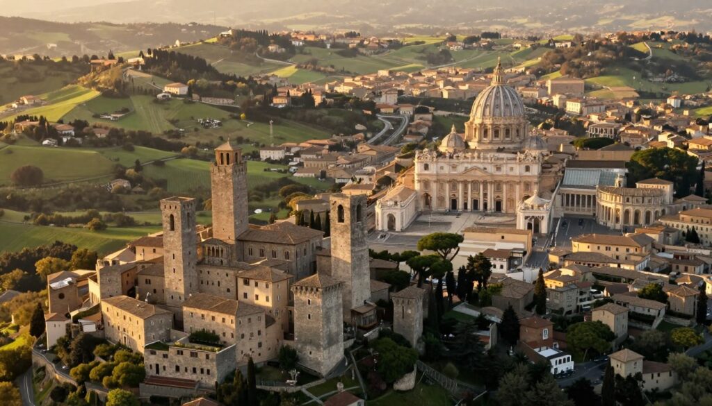 A breathtaking aerial view of Italy showcasing its unique enclaves, San Marino and Vatican City. In the foreground, depict the lush rolling hills and green landscapes surrounding San Marino, with its historic towers prominently visible. Transition to the middle ground where the magnificent St. Peter’s Basilica stands majestically, encapsulating Vatican City's grandeur. The background should feature the Italian countryside, dotted with charming villages and winding roads. Utilize soft, golden hour lighting to create a warm, inviting atmosphere, with gentle shadows enhancing depth. Capture the essence of these enclaves by emphasizing their geographic prominence within Italy, blending natural beauty with historic architecture. Ensure the image is serene and engaging, without any text or watermarks.