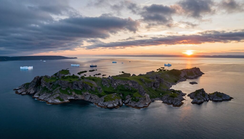 A breathtaking aerial view of Russia's extensive coastlines, showcasing the boundaries of its territorial waters. In the foreground, serene waters of the Arctic Ocean gently lap against rocky cliffs, dotted with patches of lush green vegetation. The middle ground features a variety of marine elements, such as icebergs and small fishing vessels, emphasizing the richness of Russia's maritime environment. In the background, the horizon blends seamlessly into a vibrant sunset, casting warm gold and orange hues over the horizon, while dark clouds loom above, hinting at the dramatic weather often found in this region. The atmosphere conveys a sense of solitude and grandeur, reflecting the vastness and beauty of Russia’s maritime borders. No people are included in the image. A breathtaking aerial view of Russia's extensive coastlines, showcasing the boundaries of its territorial waters. In the foreground, serene waters of the Arctic Ocean gently lap against rocky cliffs, dotted with patches of lush green vegetation. The middle ground features a variety of marine elements, such as icebergs and small fishing vessels, emphasizing the richness of Russia's maritime environment. In the background, the horizon blends seamlessly into a vibrant sunset, casting warm gold and orange hues over the horizon, while dark clouds loom above, hinting at the dramatic weather often found in this region. The atmosphere conveys a sense of solitude and grandeur, reflecting the vastness and beauty of Russia’s maritime borders. No people are included in the image.