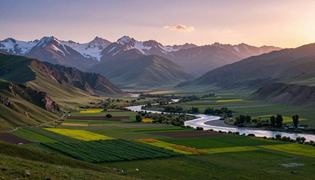 A breathtaking view of the Fergana Valley at dawn, showcasing the stunning mountainous landscape that borders Uzbekistan, Kyrgyzstan, and Tajikistan. In the foreground, lush green fields with traditional farms and carefully cultivated crops are illuminated by the soft, warm light of early morning. In the middle ground, crystal-clear rivers gently flow through the valley, surrounded by patches of colorful wildflowers. Majestic mountains rise in the background, their peaks dusted with snow, reflecting the pastel hues of the sunrise sky. The atmosphere is serene and peaceful, capturing the essence of this natural border. The scene is framed with a wide-angle perspective, enhancing the grandeur and expanse of the Fergana Valley, evoking a sense of tranquility and beauty in this unique region of Central Asia. A breathtaking view of the Fergana Valley at dawn, showcasing the stunning mountainous landscape that borders Uzbekistan, Kyrgyzstan, and Tajikistan. In the foreground, lush green fields with traditional farms and carefully cultivated crops are illuminated by the soft, warm light of early morning. In the middle ground, crystal-clear rivers gently flow through the valley, surrounded by patches of colorful wildflowers. Majestic mountains rise in the background, their peaks dusted with snow, reflecting the pastel hues of the sunrise sky. The atmosphere is serene and peaceful, capturing the essence of this natural border. The scene is framed with a wide-angle perspective, enhancing the grandeur and expanse of the Fergana Valley, evoking a sense of tranquility and beauty in this unique region of Central Asia.