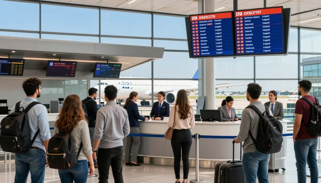 A bustling airport terminal showcasing a modern departure area filled with travelers. In the foreground, a group of passengers is eagerly waiting near a large display board showcasing direct flight options, with a focus on a specific flight to Egypt. The middle ground features a check-in counter with friendly airline staff assisting customers, all in professional attire. The background captures a glistening airplane ready for takeoff, positioned against a clear blue sky. Bright, natural lighting streams in through large windows, creating an atmosphere of excitement and anticipation. The overall mood is dynamic and optimistic, emphasizing the advantages of direct flights over those with layovers.