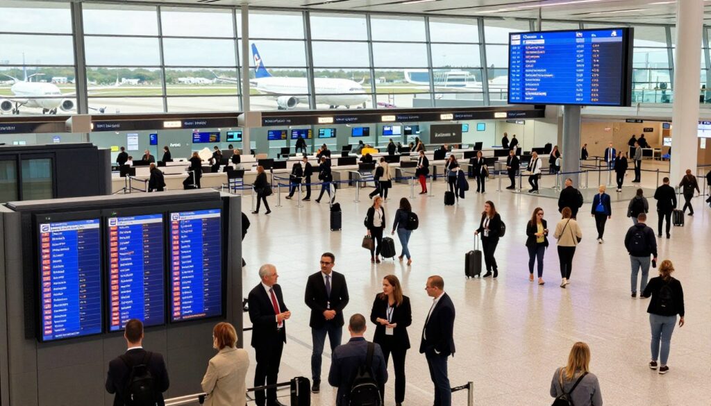 A bustling international airport terminal filled with diverse travelers dressed in professional business attire and modest casual clothing. In the foreground, a group of travelers appears to be consulting a digital flight board displaying connecting flights to New Zealand. The middle ground features a spacious check-in area with signage for various airlines, while the background shows large windows revealing airplanes on the tarmac, with some waiting to depart. The lighting is bright and inviting, creating a sense of excitement and anticipation. The perspective is slightly elevated, capturing the dynamic atmosphere of people moving, chatting, and preparing for their journeys, conveying the idea of global travel and connections from Poland to New Zealand.