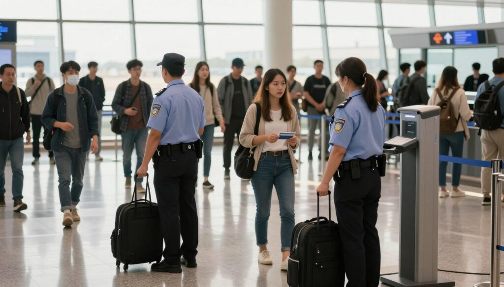 A busy airport security checkpoint during the day, showcasing several travelers of diverse backgrounds calmly going through security. In the foreground, a security officer in professional attire examines a bag with a scanner, while a woman in modest casual clothing holds a boarding pass, looking relaxed. The background features a clear line of travelers waiting in an orderly fashion, with a large window showing sunlight pouring in, hitting the polished floors. The atmosphere is calm and organized, emphasizing a sense of safety and efficiency. Use soft, natural lighting to create a welcoming environment, with a wide-angle perspective to capture the depth and activity of the scene.