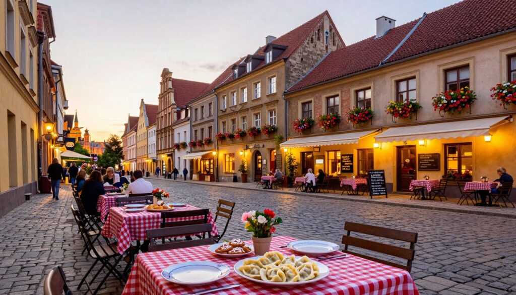 A charming street scene in Toruń's Old Town, showcasing quaint restaurants with outdoor seating along cobblestone streets. In the foreground, a small table with traditional Polish dishes, including pierogi and gingerbread cookies, is set with vibrant tableware. The middle ground features warmly lit restaurant façades adorned with colorful flower boxes, invitingly displaying their menus. In the background, the Gothic architecture of the skyline, illuminated by the soft glow of sunset, creates a warm and welcoming atmosphere. Capture the mood of conviviality and local culture, emphasizing the rich culinary heritage. Use a wide-angle lens to encompass the lively street and intimate dining experiences, with natural, golden lighting that enhances the cozy ambiance.