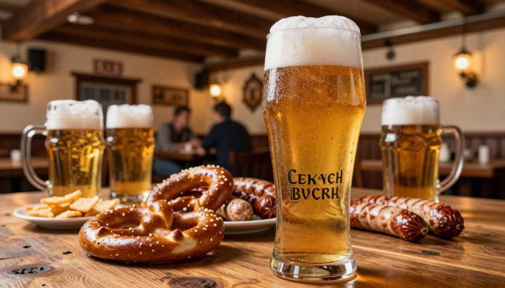 A close-up image of a frosty, tall pint of golden Czech beer, showcasing its rich foam and condensation on the glass. The foreground features the beer resting on a rustic wooden table, with a couple of traditional Czech beer glasses beside it. In the middle ground, there are assorted Czech snacks like pretzels and sausages arranged artfully. The background captures a vibrant Czech pub scene with wooden beams, warm lighting, and patrons enjoying their drinks in a lively atmosphere. The lighting is soft and warm, evoking a cozy and inviting feel. The angle is slightly overhead to capture the arrangement of food and drink while highlighting the ornate decor of the pub.