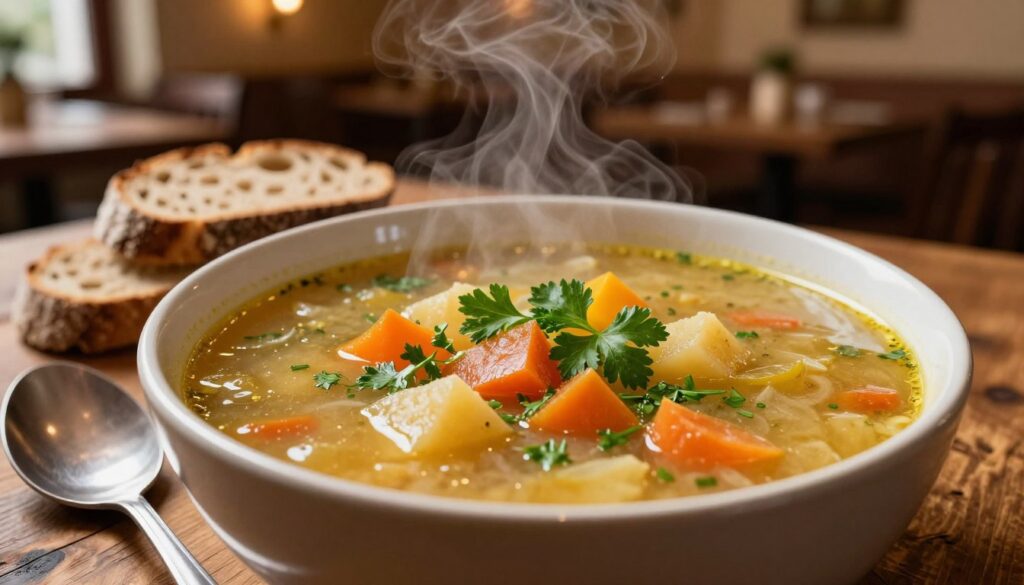 A close-up of a steaming bowl of traditional Czech "zupa", featuring a rich, golden broth filled with colorful vegetables and herbs. The foreground shows a rustic wooden table with a spoon resting beside the bowl, glistening from the broth. In the middle, the zupa is garnished with fresh parsley and served with a slice of dark, crusty bread. The background includes blurred elements of a cozy Prague restaurant interior, dimly lit with warm lighting that creates an inviting atmosphere. Subtle steam rises from the soup, enhancing the homely feel of the scene. The overall mood is comforting and welcoming, perfect for showcasing Czech culinary traditions.