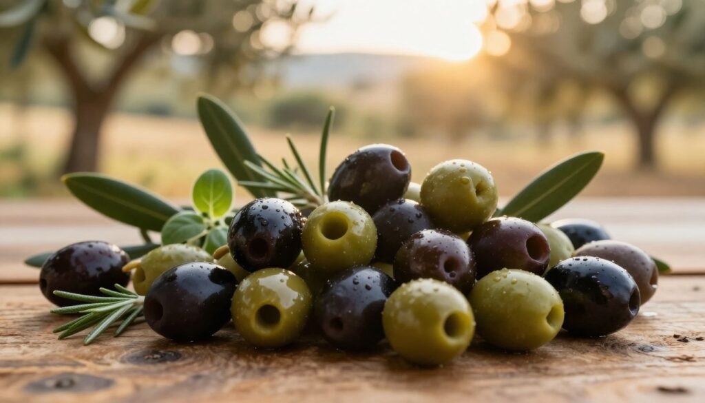 A close-up of a vibrant, bountiful olive branch featuring glossy black and green olives, arranged artistically on a rustic wooden table. In the foreground, focus on the rich textures of the olives, capturing their natural shine and subtle color variations. In the middle, include fresh herbs like oregano and rosemary, accentuating the earthy tones. The background should blur into a warm Mediterranean landscape with soft golden sunlight filtering through olive trees, creating a serene and inviting atmosphere. The image should evoke a sense of authenticity and warmth, perfect for illustrating the foundational ingredients of Greek cuisine. Use soft, natural lighting to highlight the freshness and richness of the ingredients, aiming for a cozy, appetizing vibe.