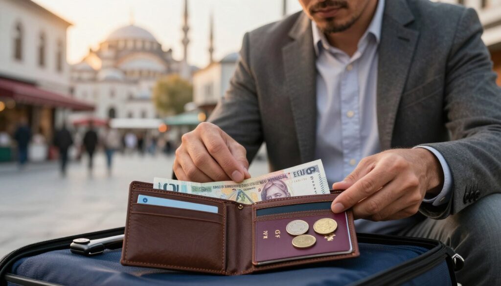 A close-up scene focused on a neatly arranged collection of essential travel items for safety in Istanbul. In the foreground, a slim wallet is open, showing a variety of banknotes and a few coins, alongside important documents like a passport and an itinerary. The middle ground features a stylish, modestly dressed individual (a business professional) checking their belongings with a vigilant expression, embodying a cautious mindset. The background includes a softly blurred view of an Istanbul street, hinting at its distinctive architecture, bathed in warm, golden hour lighting that adds a sense of safety and approachability. The atmosphere is serene yet alert, emphasizing practicality and caution for travelers. A close-up scene focused on a neatly arranged collection of essential travel items for safety in Istanbul. In the foreground, a slim wallet is open, showing a variety of banknotes and a few coins, alongside important documents like a passport and an itinerary. The middle ground features a stylish, modestly dressed individual (a business professional) checking their belongings with a vigilant expression, embodying a cautious mindset. The background includes a softly blurred view of an Istanbul street, hinting at its distinctive architecture, bathed in warm, golden hour lighting that adds a sense of safety and approachability. The atmosphere is serene yet alert, emphasizing practicality and caution for travelers.