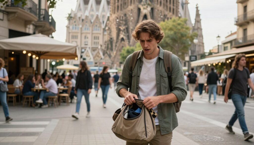 A concerned traveler, a young adult in modest casual clothing, stands at a busy Barcelona street corner, visibly distressed after realizing they have fallen victim to theft. In the foreground, the traveler clutches an empty bag, showcasing their shock and confusion. The middle ground features a bustling street scene with pedestrians, cafés, and street vendors, capturing the lively atmosphere of Barcelona. In the background, iconic architecture like the Sagrada Família is subtly present, emphasizing the city’s unique charm. Soft, natural lighting enhances the emotional tone, with warm colors reflecting the vibrant yet unsettling mood. The angle is slightly tilted, conveying a sense of disorientation, inviting viewers to empathize with the traveler’s plight. A concerned traveler, a young adult in modest casual clothing, stands at a busy Barcelona street corner, visibly distressed after realizing they have fallen victim to theft. In the foreground, the traveler clutches an empty bag, showcasing their shock and confusion. The middle ground features a bustling street scene with pedestrians, cafés, and street vendors, capturing the lively atmosphere of Barcelona. In the background, iconic architecture like the Sagrada Família is subtly present, emphasizing the city’s unique charm. Soft, natural lighting enhances the emotional tone, with warm colors reflecting the vibrant yet unsettling mood. The angle is slightly tilted, conveying a sense of disorientation, inviting viewers to empathize with the traveler’s plight.