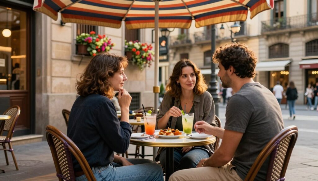 A cozy outdoor café scene in Barcelona, featuring a small round table with two elegant chairs, set under a colorful striped umbrella. On the table, there are two refreshing drinks and a plate of tapas, with a pair of modestly dressed patrons enjoying their meal, engaged in lively conversation. In the background, charming architecture typical of Barcelona lines the street, with vibrant flower boxes hanging from windows. Soft, warm golden afternoon light bathes the scene, creating a welcoming and relaxed atmosphere. The focus is on the interaction at the table, portraying a sense of community and the importance of being aware of surroundings in a bustling city. Capture the essence of dining out in Barcelona, emphasizing safety while enjoying pleasant moments. A cozy outdoor café scene in Barcelona, featuring a small round table with two elegant chairs, set under a colorful striped umbrella. On the table, there are two refreshing drinks and a plate of tapas, with a pair of modestly dressed patrons enjoying their meal, engaged in lively conversation. In the background, charming architecture typical of Barcelona lines the street, with vibrant flower boxes hanging from windows. Soft, warm golden afternoon light bathes the scene, creating a welcoming and relaxed atmosphere. The focus is on the interaction at the table, portraying a sense of community and the importance of being aware of surroundings in a bustling city. Capture the essence of dining out in Barcelona, emphasizing safety while enjoying pleasant moments.