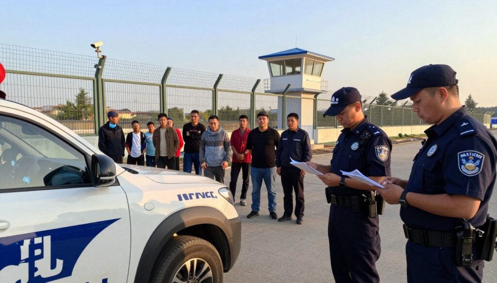A detailed border security scene illustrating "bezpieczeństwo granic." In the foreground, a border patrol vehicle with two officers in professional attire, examining documents and observing the area. The middle ground features a diverse group of migrants being guided by a border control agent, showcasing the themes of migration and cooperation. In the background, a well-defined border fence with surveillance cameras and watchtowers, set against a clear sky during the golden hour, casting warm, soft lighting. The atmosphere conveys a sense of vigilance and order while highlighting the complexities of border management. The image should have a balanced composition, emphasizing the interplay between security and humanitarian aspects of border control.