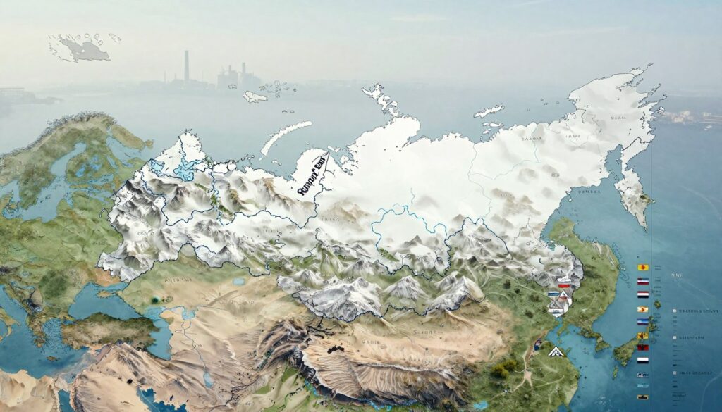 A detailed geographical map of Russia highlighting its numerous neighbors, showcasing the borders with each surrounding country. In the foreground, gently rising mountains symbolize the varied terrains, while to the right, outline the national flags of neighboring countries in a subtle and respectful manner. In the middle, depict a clear border delineation and rivers that separate Russia from adjacent nations, illustrating the complexity of geopolitical relationships. The background should feature a misty skyline hinting at industrial and natural resources, evoking a sense of potential and conflict. Use soft, natural lighting to create a serene atmosphere with a professional tone, captured from an aerial perspective that encompasses the vast landscape. The image should be devoid of any text or annotations. A detailed geographical map of Russia highlighting its numerous neighbors, showcasing the borders with each surrounding country. In the foreground, gently rising mountains symbolize the varied terrains, while to the right, outline the national flags of neighboring countries in a subtle and respectful manner. In the middle, depict a clear border delineation and rivers that separate Russia from adjacent nations, illustrating the complexity of geopolitical relationships. The background should feature a misty skyline hinting at industrial and natural resources, evoking a sense of potential and conflict. Use soft, natural lighting to create a serene atmosphere with a professional tone, captured from an aerial perspective that encompasses the vast landscape. The image should be devoid of any text or annotations.