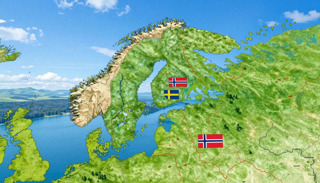 A detailed map of Finland highlighting its border with neighboring countries, including Sweden, Norway, and Russia. In the foreground, lush green forests and shimmering lakes typical of the Finnish landscape. The middle section displays distinctive country borders with stylized flags of Sweden, Norway, and Russia for clarity. In the background, soft rolling hills under a vibrant blue sky with scattered clouds provide depth. The lighting is bright and inviting, suggesting a sunny day. The image captures a sense of geographical significance and connection, embodying the idea of Finland's neighboring relationships without any text or overlays, creating an informative and visually appealing representation.