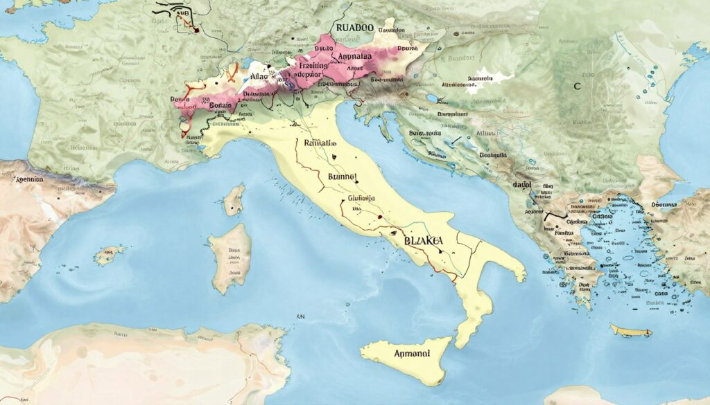 A detailed map of Italy showcasing its land boundaries and coastline, emphasizing the neighboring countries. In the foreground, clear outlines of Italy's borders are marked prominently, with adjacent countries labeled in soft, muted colors. In the middle, illustrate the landscape features like mountains and rivers that define the borders, complemented by iconic symbols like the Alps and Apennines for a rich geographical context. The background should fade into soft, atmospheric tones that represent the Mediterranean Sea, with subtle waves to capture the coastal aspect. Use natural daylight to highlight the topography, ensuring the overall mood is informative and academic, presenting an accurate and visually engaging representation of Italy's borders.