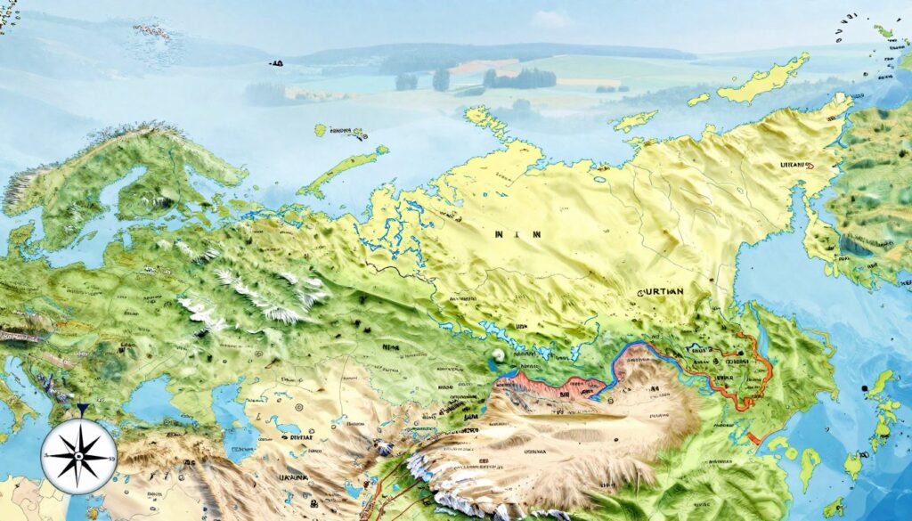 A detailed map of Russia showcasing its borders with neighboring countries, including Ukraine, Belarus, China, and others. The foreground features a clear compass rose, emphasizing cardinal directions, while the middle ground displays accurate and vividly colored geographic features, such as mountains and rivers. The background includes a soft-focus view of a diverse landscape with forests and plains, giving context to the geography. The lighting is bright, suggesting a clear day, with shadows adding depth to the terrain. The atmosphere is informative and educational, aiming to evoke curiosity about Russia’s geographic connections. The perspective is slightly elevated, providing a comprehensive view of the borders and distances between Russia and its neighbors.