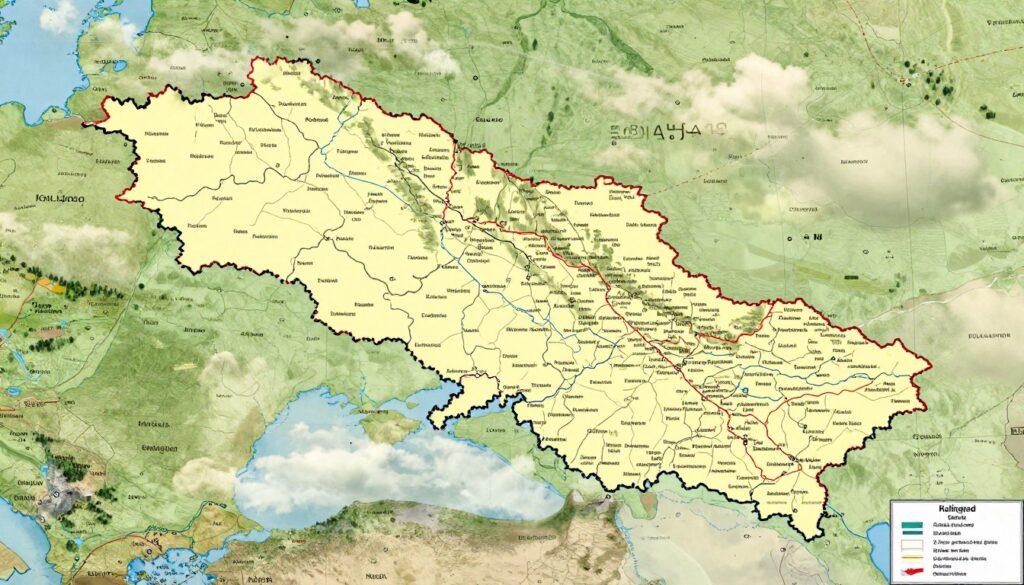 A detailed map of the Kaliningrad Oblast, showcasing its geographical borders with Poland and Lithuania. In the foreground, emphasize the distinct boundaries and features of the region, highlighting key cities like Kaliningrad and the surrounding natural landscapes. In the middle ground, incorporate a subtle transition into adjacent areas of both Poland and Lithuania, marked by their countryside, forests, and rivers. The background should depict a soft, cloudy sky while maintaining a realistic color palette that reflects the natural beauty of the region. Utilize warm, inviting lighting to enhance the atmosphere, creating a sense of curiosity and exploration. The image should be rich in detail, drawing attention to the intricate lines of demarcation and the unique characteristics that define this territory without any text, labels, or overlays.