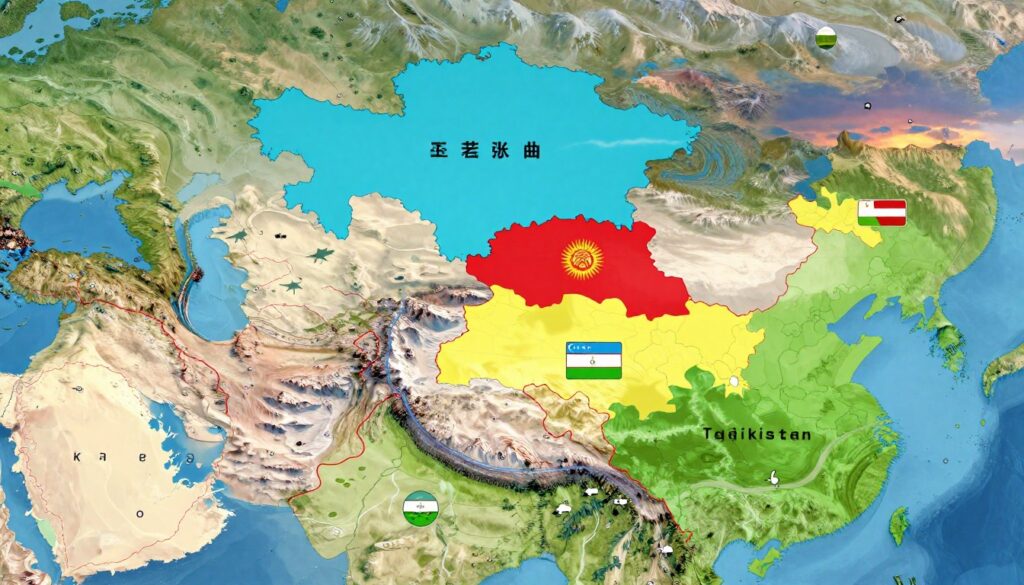 A detailed map showcasing the bordering countries of Uzbekistan in Central Asia: Kazakhstan to the north, Kyrgyzstan to the northeast, Tajikistan to the southeast, Afghanistan to the south, and Turkmenistan to the southwest. The countries should be vividly marked with distinct colors, and boundary lines should be clearly delineated. In the foreground, include illustrative symbols representing each country, such as flags or cultural icons. The middle ground can feature a soft gradient illustrating the landscape of Central Asia, with mountains and plains. In the background, a serene sky transitions from dawn to midday, with natural lighting creating an inviting atmosphere. Ensure the image is clear and professional, suitable for an informative article. A detailed map showcasing the bordering countries of Uzbekistan in Central Asia: Kazakhstan to the north, Kyrgyzstan to the northeast, Tajikistan to the southeast, Afghanistan to the south, and Turkmenistan to the southwest. The countries should be vividly marked with distinct colors, and boundary lines should be clearly delineated. In the foreground, include illustrative symbols representing each country, such as flags or cultural icons. The middle ground can feature a soft gradient illustrating the landscape of Central Asia, with mountains and plains. In the background, a serene sky transitions from dawn to midday, with natural lighting creating an inviting atmosphere. Ensure the image is clear and professional, suitable for an informative article.