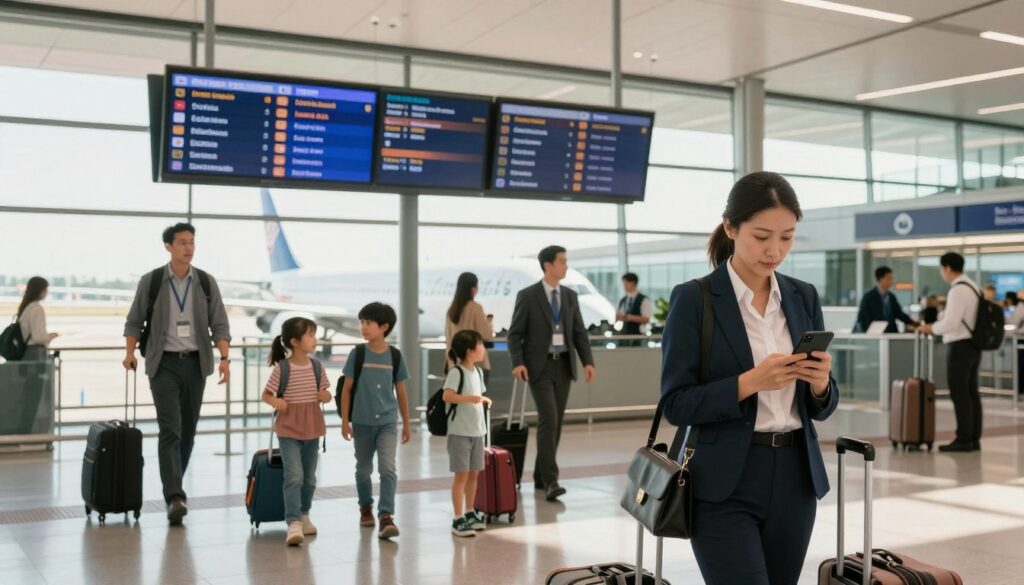 A dynamic airport scene showcasing a diverse group of travelers navigating through a bustling terminal. In the foreground, a well-dressed businesswoman consults her smartphone with a focused expression, while a family with children carries luggage. In the middle, multiple departure screens display flight information, including connecting flights to various international destinations. The background features large glass windows revealing airplanes on the tarmac and staff assisting passengers. The lighting is bright and inviting, with sunlight streaming in, creating a warm atmosphere. Capture the sense of movement and urgency indicative of connecting flights, emphasizing the theme of travel and transit. Use a wide-angle lens for a comprehensive view of the terminal environment, focused on human connections and travel dynamics.