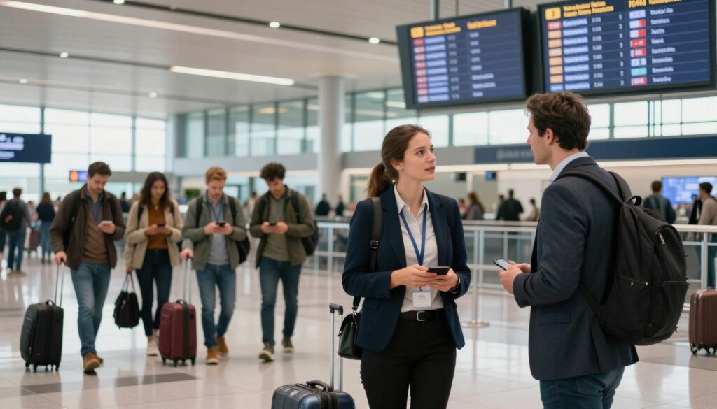 A dynamic airport scene showing travelers navigating through a bustling terminal, illustrating the theme of connecting flights. In the foreground, two professional business travelers in modest attire are engaged in conversation while looking at a departure board displaying various flight options, hinting at their journey from Warsaw to London. In the middle ground, a diverse group of passengers waits at a boarding gate, some carrying luggage, others looking at their phones. The background captures a wide view of the terminal with sleek architecture, large windows, and bright overhead lighting that creates an energetic atmosphere. The image should convey a sense of anticipation and movement, with soft shadows highlighting the faces of the travelers, emphasizing their determination and excitement for the journey ahead. A dynamic airport scene showing travelers navigating through a bustling terminal, illustrating the theme of connecting flights. In the foreground, two professional business travelers in modest attire are engaged in conversation while looking at a departure board displaying various flight options, hinting at their journey from Warsaw to London. In the middle ground, a diverse group of passengers waits at a boarding gate, some carrying luggage, others looking at their phones. The background captures a wide view of the terminal with sleek architecture, large windows, and bright overhead lighting that creates an energetic atmosphere. The image should convey a sense of anticipation and movement, with soft shadows highlighting the faces of the travelers, emphasizing their determination and excitement for the journey ahead.