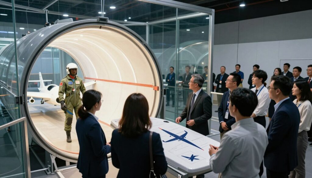 A dynamic indoor scene of a modern wind tunnel, showcasing an aerodynamic environment with a streamlined design. In the foreground, a diverse group of individuals in professional business attire is engaged in focused discussions, reviewing flight gear and techniques. The middle ground features a transparent wind tunnel chamber with a client preparing for their flight session, wearing a stylish flight suit and helmet, illuminated by bright, focused lighting. The background captures the sleek structure of the wind tunnel facility, with people observing through large glass panels, conveying a sense of excitement and anticipation. The atmosphere is vibrant and energetic, with reflections on the glass and soft ambient lighting enriching the scene, emphasizing the innovative spirit of the aerodynamic experience. A dynamic indoor scene of a modern wind tunnel, showcasing an aerodynamic environment with a streamlined design. In the foreground, a diverse group of individuals in professional business attire is engaged in focused discussions, reviewing flight gear and techniques. The middle ground features a transparent wind tunnel chamber with a client preparing for their flight session, wearing a stylish flight suit and helmet, illuminated by bright, focused lighting. The background captures the sleek structure of the wind tunnel facility, with people observing through large glass panels, conveying a sense of excitement and anticipation. The atmosphere is vibrant and energetic, with reflections on the glass and soft ambient lighting enriching the scene, emphasizing the innovative spirit of the aerodynamic experience.