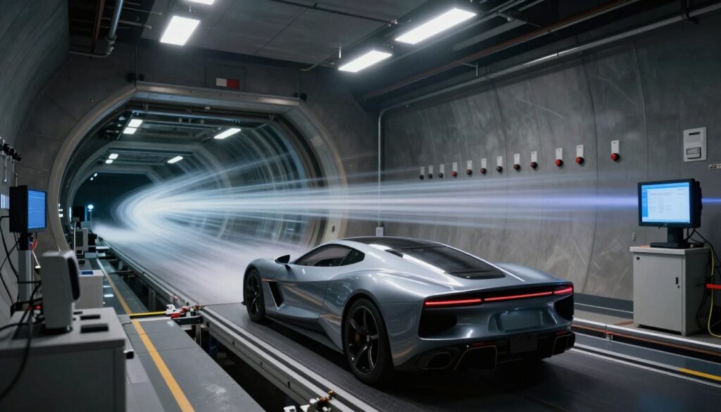 A dynamic scene inside a modern aerodynamic wind tunnel showcasing a simulation of airflow. In the foreground, a sleek, streamlined model of a car is positioned on the test platform, capturing the focus of the viewer. The middle ground displays advanced measurement equipment and sensors, indicating data collection in action. The background features the curved tunnel walls, lined with sensors and visually accentuated airflow patterns highlighted by subtle lighting. Bright overhead lights create a stark contrast against the deep shadows along the tunnel edges, giving a sense of depth and precision to the environment. The atmosphere is tense yet focused, embodying the scientific exploration in motion, with an emphasis on technology and innovation used in aerodynamic testing. A dynamic scene inside a modern aerodynamic wind tunnel showcasing a simulation of airflow. In the foreground, a sleek, streamlined model of a car is positioned on the test platform, capturing the focus of the viewer. The middle ground displays advanced measurement equipment and sensors, indicating data collection in action. The background features the curved tunnel walls, lined with sensors and visually accentuated airflow patterns highlighted by subtle lighting. Bright overhead lights create a stark contrast against the deep shadows along the tunnel edges, giving a sense of depth and precision to the environment. The atmosphere is tense yet focused, embodying the scientific exploration in motion, with an emphasis on technology and innovation used in aerodynamic testing.