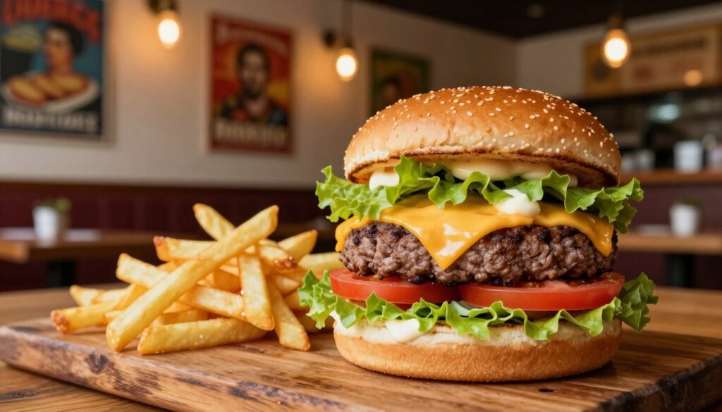 A gourmet burger featuring a juicy beef patty, perfectly melted cheddar cheese, crispy lettuce, ripe tomato slices, and a dollop of creamy mayonnaise, all nestled in a toasted brioche bun. The foreground highlights the burger, positioned on a rustic wooden table, with a side of golden French fries arranged artfully. In the middle, a cozy restaurant setting is visible, with warm ambient lighting creating an inviting atmosphere. The background showcases charming decor including vintage posters and soft glowing lights, enhancing the feeling of a vibrant eatery. The scene is captured from a slightly elevated angle, emphasizing the deliciousness of the burger and the inviting environment. The mood is lively yet warm, enticing viewers to explore the flavors of Lublin’s culinary scene.