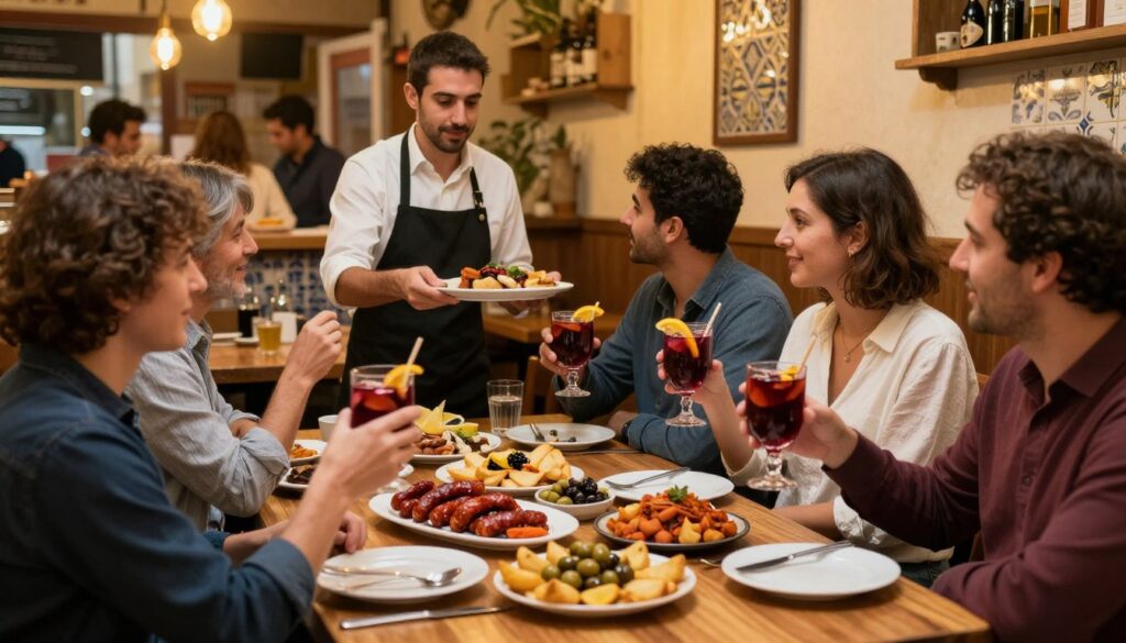 A lively Spanish tapas bar scene filled with locals enjoying their meals. In the foreground, a wooden table laden with an assortment of colorful tapas—chorizo, olives, patatas bravas, and seafood—surrounded by cheerful patrons in casual clothing, clinking glasses of sangria. The middle ground features a bartender serving delicious plates to eager guests, showcasing the vibrant social atmosphere typical of Spanish dining. In the background, warm golden lighting casts a cozy glow over the rustic décor, with hanging light bulbs and traditional Spanish tiles. A soft focus captures the essence of conviviality and the joy of local dining traditions in Spain, inviting viewers to immerse themselves in the experience. A lively Spanish tapas bar scene filled with locals enjoying their meals. In the foreground, a wooden table laden with an assortment of colorful tapas—chorizo, olives, patatas bravas, and seafood—surrounded by cheerful patrons in casual clothing, clinking glasses of sangria. The middle ground features a bartender serving delicious plates to eager guests, showcasing the vibrant social atmosphere typical of Spanish dining. In the background, warm golden lighting casts a cozy glow over the rustic décor, with hanging light bulbs and traditional Spanish tiles. A soft focus captures the essence of conviviality and the joy of local dining traditions in Spain, inviting viewers to immerse themselves in the experience.