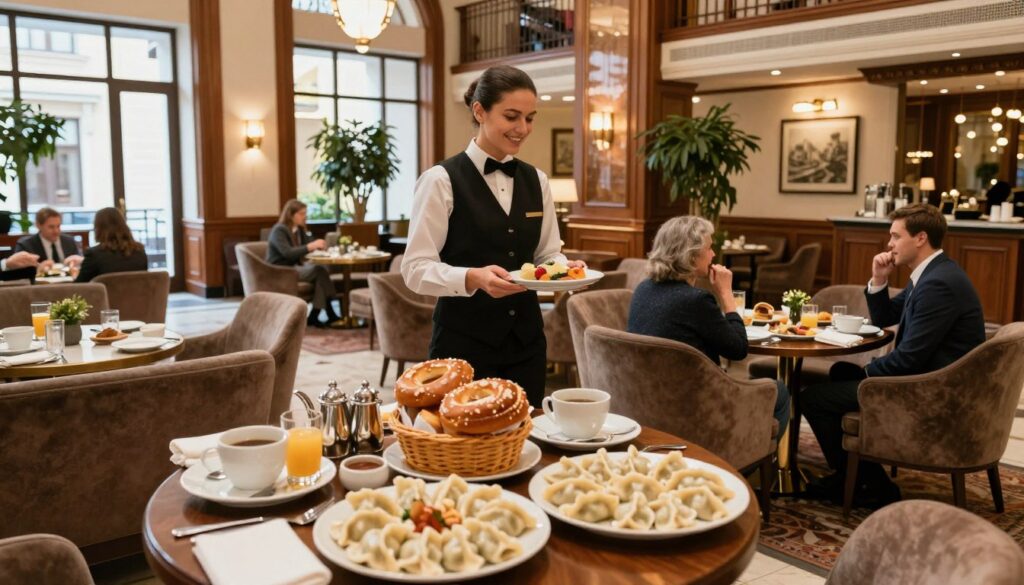 A luxurious hotel lobby with elegant design elements, featuring rich wooden accents and plush seating areas. In the foreground, a beautifully set breakfast table displays local Krakow delicacies, such as pierogi and obwarzanek. In the middle ground, a friendly hotel staff member in professional attire is interacting with guests, providing a warm and inviting atmosphere. The background showcases large windows allowing soft, natural light to illuminate the space, highlighting artwork and greenery within the lobby. The overall mood is cozy and welcoming, evoking a sense of culinary exploration and comfort within a vibrant hotel setting. The angle is slightly elevated, capturing the ambiance of both the dining area and the lobby's grandeur.