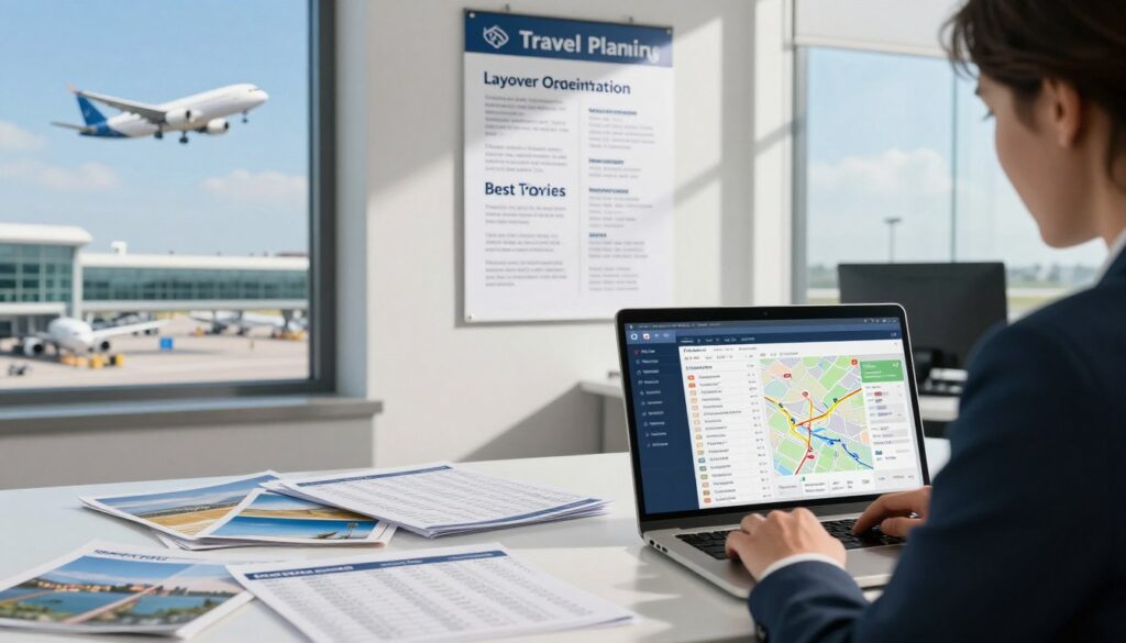 A modern travel agent's office, featuring a professional businessperson in smart attire, sitting at a desk cluttered with flight schedules and destination brochures. The foreground displays a laptop screen showing flight planning software with a map and various flight paths highlighted. In the middle, a wall poster illustrates key tips for efficient travel planning, such as layover optimization and best travel times. The background features a large window with a view of a bustling airport terminal and airplanes taking off into a bright blue sky. Soft, natural lighting filters through the window, casting gentle shadows, while the atmosphere feels organized and energetic, reflecting the excitement of travel and planning.