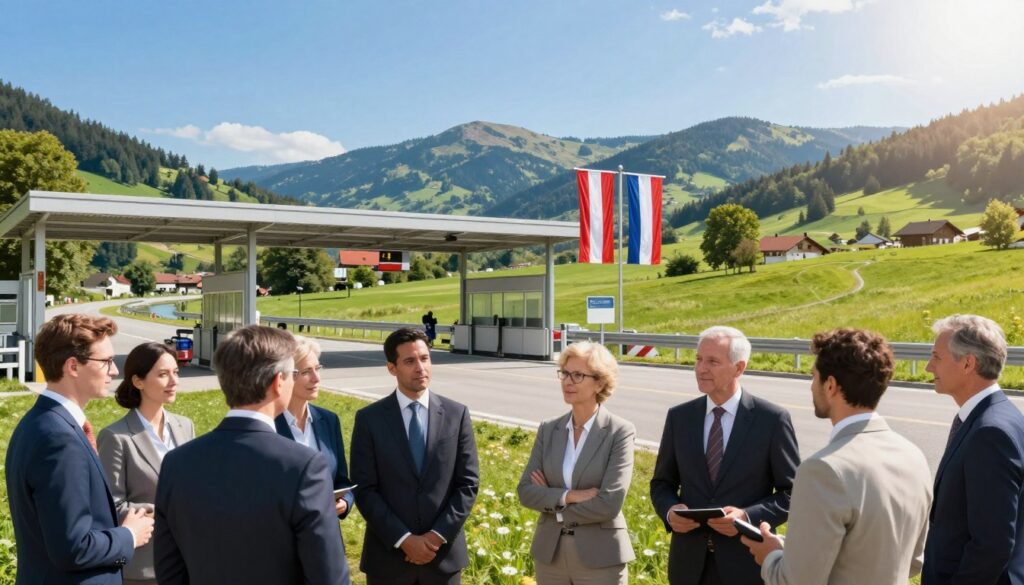 A panoramic view illustrating transboundary cooperation, showcasing a vibrant international border region. In the foreground, depict a diverse group of professionals in business attire engaged in a discussion, symbolizing collaboration. The middle ground should feature a modern border checkpoint with flags of Austria and its neighboring countries, emphasizing unity and partnership. In the background, gently rolling hills under a clear blue sky represent the picturesque Austrian landscape, with elements like rivers and forests highlighting natural resources shared across borders. The lighting should be bright and optimistic, suggesting a sunny afternoon atmosphere to evoke a sense of hope and cooperation. The scene should feel dynamic and inviting, capturing the essence of economic relations and collaboration among neighboring nations.
