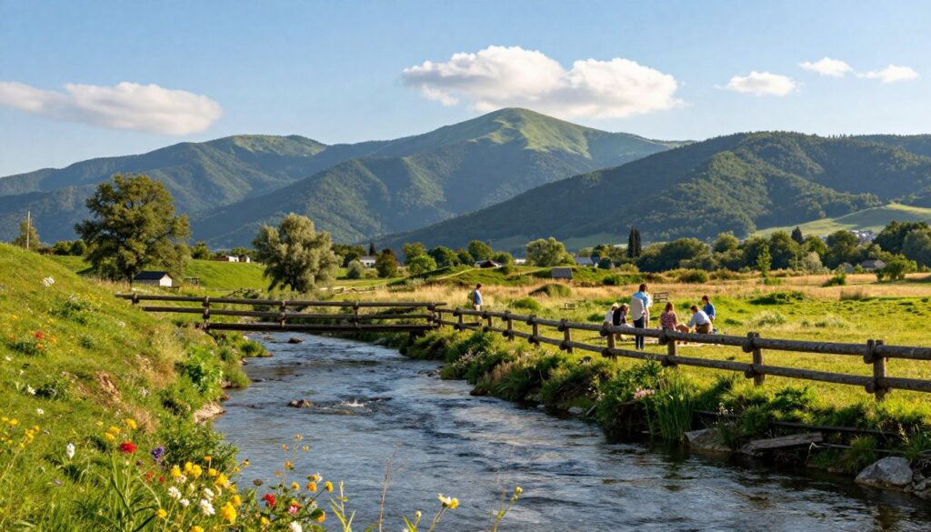 A panoramic view of the Hungary-Slovakia border, highlighting the natural landscape and regional features. In the foreground, a serene river gently flows, flanked by lush green hills dotted with vibrant wildflowers. In the middle ground, a rustic wooden fence marks the border, symbolizing the connection and divide between the two countries. A small group of friends, dressed in modest casual clothing, enjoys a picnic on a grassy knoll, depicting the friendly social relations. In the background, the majestic Carpathian Mountains rise under a clear blue sky with soft clouds, illuminating the scene with warm sunlight. The mood is tranquil and harmonious, inviting contemplation of the beautiful border landscape.