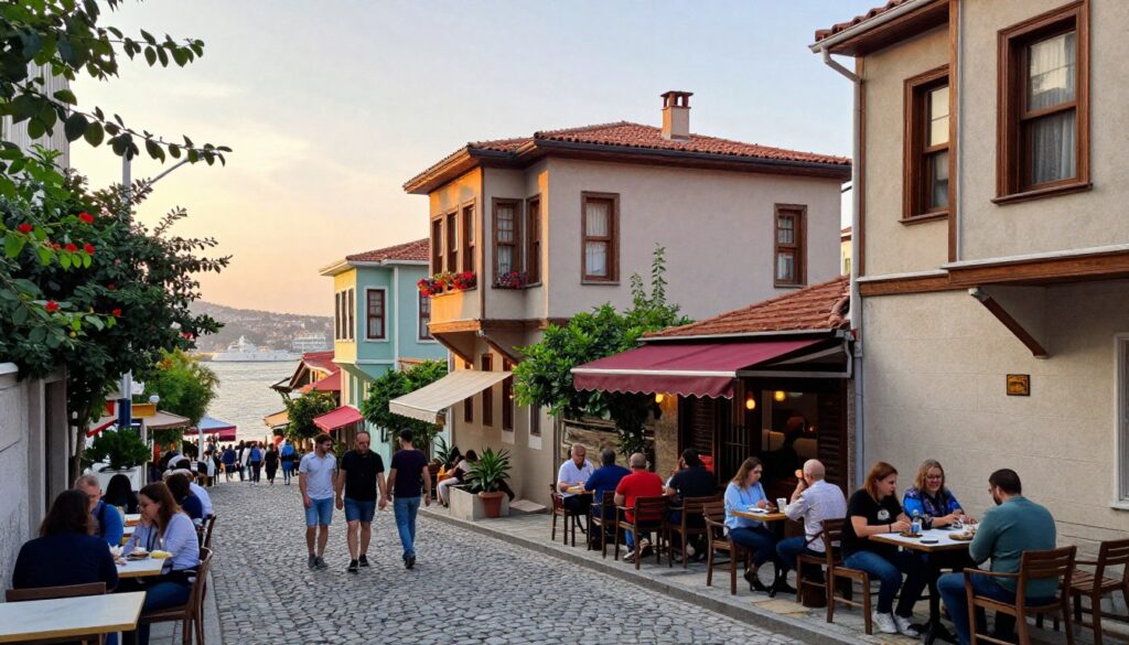 A picturesque Istanbul neighborhood, showcasing a tranquil, safe atmosphere. In the foreground, a charming cobblestone street lined with vibrant cafes and greenery, featuring people dressed in modest casual clothing enjoying their day. In the middle ground, traditional Turkish architecture with intricate details, colorful balconies adorned with flowers, and friendly locals interacting. The background reveals a serene view of the Bosphorus, with softly glowing sunset light casting warm hues across the scene. The image captures a sense of community and safety, emphasizing the inviting nature of the district. Use a wide-angle lens for an immersive perspective, with natural lighting enhancing the inviting mood. A picturesque Istanbul neighborhood, showcasing a tranquil, safe atmosphere. In the foreground, a charming cobblestone street lined with vibrant cafes and greenery, featuring people dressed in modest casual clothing enjoying their day. In the middle ground, traditional Turkish architecture with intricate details, colorful balconies adorned with flowers, and friendly locals interacting. The background reveals a serene view of the Bosphorus, with softly glowing sunset light casting warm hues across the scene. The image captures a sense of community and safety, emphasizing the inviting nature of the district. Use a wide-angle lens for an immersive perspective, with natural lighting enhancing the inviting mood.