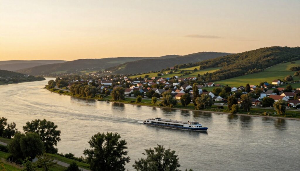 A picturesque view of the Danube River forming a natural barrier and transportation link between Romania and Serbia. In the foreground, a serene stretch of the river with gently flowing water, bordered by lush green banks. On the river's edge, a small, modern transport vessel navigates the water, symbolizing connectivity. In the middle ground, a landscape dotted with quaint villages and forests, showcasing the harmony of nature and community life. The background features distant hills under a warm, golden sunset, casting soft light across the scene. The overall atmosphere should evoke tranquility, emphasizing the importance of the Danube in both transport and tourism. The composition should be framed as if captured with a wide-angle lens, enhancing the expansive beauty of the river and surrounding landscapes.