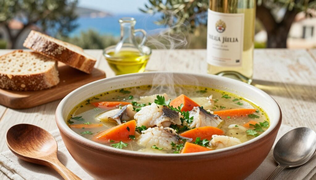 A rustic Croatian dining table set for a hearty meal, featuring a large, steaming bowl of traditional "riblja juha" or fish soup, made with fresh fish, vegetables, and aromatic herbs. The soup is presented with a vibrant array of colors, showcasing pieces of white fish, carrots, and parsley on top. In the foreground, a wooden spoon rests beside the bowl, conveying warmth and hospitality. The middle ground displays rustic bread, a small bowl of olive oil, and a bottle of Croatian white wine. In the background, softly lit Mediterranean scenery, with a hint of coastal landscape and olive trees, adds to the inviting atmosphere. The lighting is warm and natural, capturing the essence of a sunny Croatian afternoon. The image evokes a sense of comfort and tradition.
