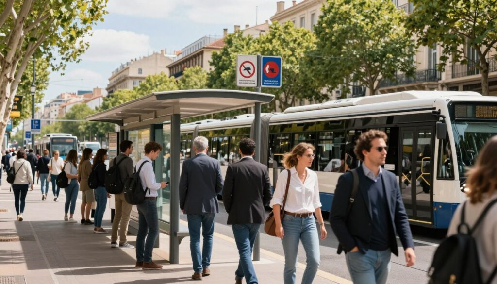 A safe and vibrant public transport scene depicting a busy urban environment in Marseille. In the foreground, show a diverse group of people, including men and women in professional business attire and modest casual clothing, waiting at a modern bus stop. In the middle ground, feature clean public buses and trams with clear safety signage, emphasizing accessibility and security. The background should include picturesque Marseille architecture and tree-lined streets under a bright, sunny sky to create an inviting atmosphere. Use soft, natural lighting to enhance the scene's warmth, captured from a slightly elevated angle to give a sense of depth and activity. The overall mood should convey safety and community in urban mobility.
