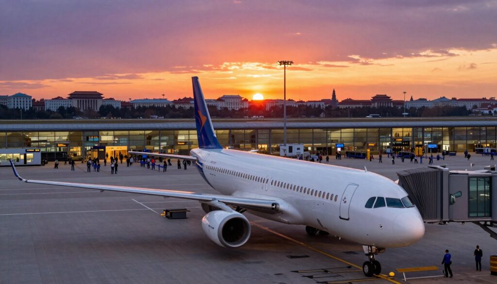 A scenic aerial view of a bustling airport terminal connecting Warsaw and Beijing, showcasing an aircraft preparing for takeoff against a backdrop of a vibrant sunset. In the foreground, a modern passenger jet with a sleek design is resting on the tarmac, surrounded by airport staff in professional attire. The middle ground features a busy airport terminal filled with diverse travelers waiting in line and checking in, while large windows reveal glimpses of the runway. The background showcases the skyline of Warsaw with its iconic architecture blending into hints of Beijing's traditional structures, silhouetted against a rich orange and purple sky. Soft, dynamic lighting from the setting sun casts reflections on the aircraft, evoking a sense of anticipation and connectivity between the two cities.