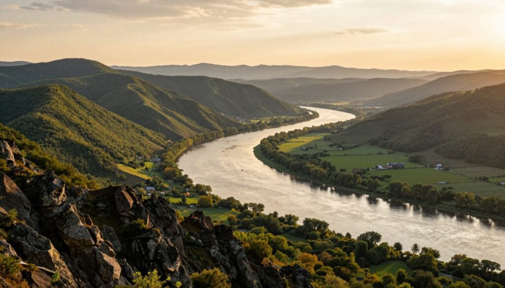 A scenic landscape showcasing the natural borders of Romania, emphasizing the Carpathian Mountains in the foreground with dramatic peaks and valleys. In the middle ground, illustrate the winding Danube River, shimmering under a soft golden sunset, with lush greenery bordering its banks. Include the Prut River flowing gently on one side, framed by vibrant forests and rolling hills. The background should feature a hazy skyline of distant mountains, suggesting depth and tranquility. The atmosphere is peaceful and majestic, capturing the essence of Romania's natural geography. Use warm, inviting lighting to enhance the serenity of the scene, and employ a wide-angle lens perspective to highlight the scale and beauty of these natural boundaries. The overall mood is harmonious and inspiring.