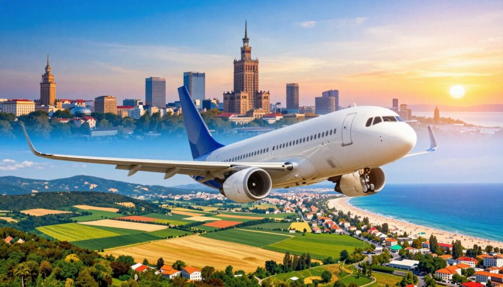 A scenic travel montage depicting the journey from Warsaw to Turkey. In the foreground, an airplane flies gracefully across a bright, blue sky, symbolizing the flight aspect of the trip. The middle section shows a rich tapestry of landscapes, transitioning from Warsaw's city skyline to lush fields and hills, ultimately leading to the sun-kissed beaches of Turkey. The background features a stunning sunset over the ocean, with soft, warm lighting that enhances the mood of vacation and adventure. The overall atmosphere is vibrant and inviting, capturing the essence of a journey filled with anticipation and relaxation. The composition is shot from an elevated angle, showcasing the beauty of the various locations along the travel route, while maintaining a clear and engaging aesthetic.