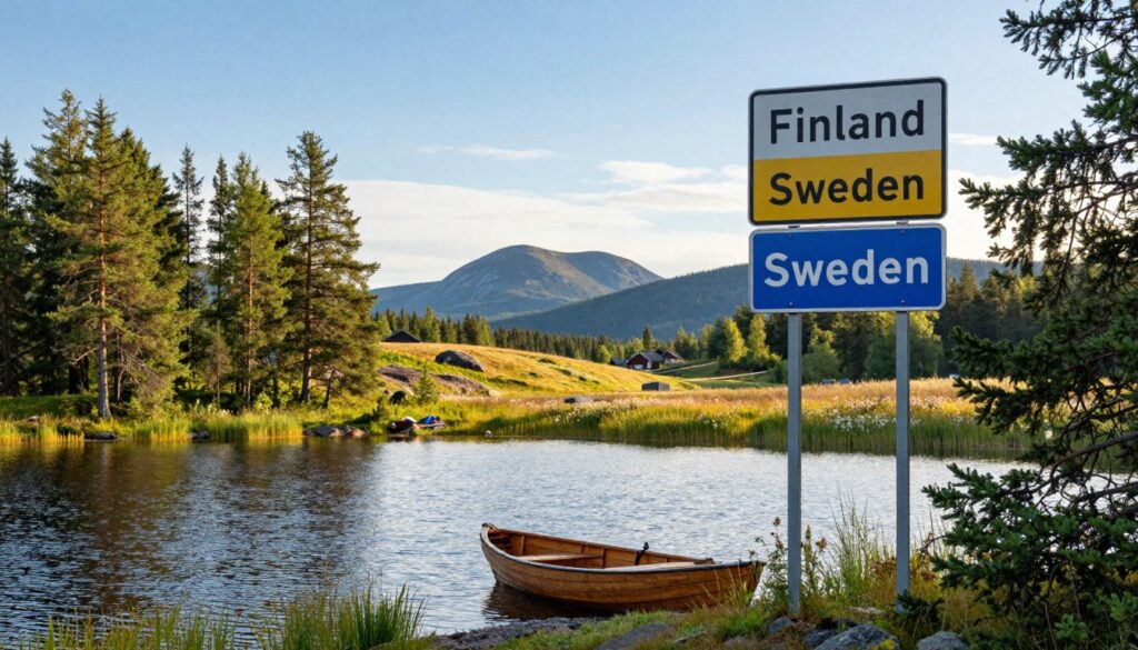 A scenic view of the Finland-Sweden border, showcasing a serene Nordic landscape. In the foreground, a shimmering lake reflects the clear blue sky, with lush green pine trees lining the shore. A small wooden boat rests on the water, symbolizing connection and cooperation between the two countries. In the middle ground, gentle hills rise, adorned with wildflowers, leading to a clearly marked border sign indicating "Finland" and "Sweden" in both languages. The background features majestic mountains under soft sunlight, enhancing the feeling of tranquility and unity. The scene is captured with warm, inviting lighting, at a slight angle that emphasizes depth and perspective, evoking a sense of peaceful coexistence and strong cultural ties between the nations.