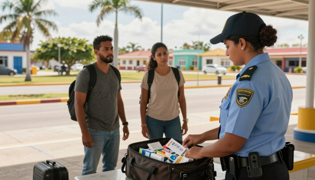 A serene Cuban landscape depicting a customs checkpoint at the airport. In the foreground, a professional customs officer, dressed in a neatly pressed uniform, inspects a traveler’s bag filled with various medications in original packaging, symbolizing the importance of regulations. The middle ground features two travelers, one male and one female, both in modest casual clothing, looking concerned yet compliant as they approach the officer. The background includes palm trees and colorful local architecture, capturing Cuba's vibrant essence. The warm sunlight casts soft shadows, creating a welcoming yet serious atmosphere, emphasizing the importance of understanding drug regulations while traveling. A wide-angle view to encapsulate both the human interaction and the environment. A serene Cuban landscape depicting a customs checkpoint at the airport. In the foreground, a professional customs officer, dressed in a neatly pressed uniform, inspects a traveler’s bag filled with various medications in original packaging, symbolizing the importance of regulations. The middle ground features two travelers, one male and one female, both in modest casual clothing, looking concerned yet compliant as they approach the officer. The background includes palm trees and colorful local architecture, capturing Cuba's vibrant essence. The warm sunlight casts soft shadows, creating a welcoming yet serious atmosphere, emphasizing the importance of understanding drug regulations while traveling. A wide-angle view to encapsulate both the human interaction and the environment.