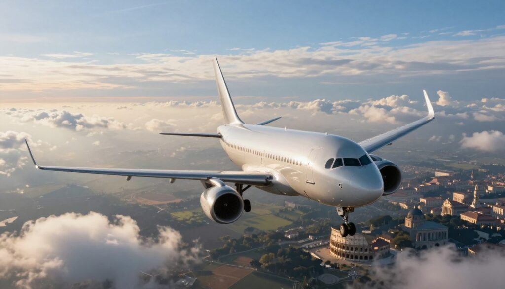 A serene aerial view of an airplane soaring above the clouds, symbolizing flight from Poland to Rome. In the foreground, the sleek silver airplane is depicted with its wings extended, showcasing modern aviation design. The middle ground features a vibrant blue sky scattered with fluffy white clouds, illuminated by soft, golden sunlight streaming through. In the background, distant land masses of Poland can be faintly seen, gradually merging into the iconic landmarks of Rome, such as the Colosseum and the Vatican, subtly suggesting the destination. The overall mood is one of adventure and exploration, evoking a sense of wanderlust and anticipation. The image is captured in a wide-angle perspective, highlighting the vastness of the sky and the journey ahead. A serene aerial view of an airplane soaring above the clouds, symbolizing flight from Poland to Rome. In the foreground, the sleek silver airplane is depicted with its wings extended, showcasing modern aviation design. The middle ground features a vibrant blue sky scattered with fluffy white clouds, illuminated by soft, golden sunlight streaming through. In the background, distant land masses of Poland can be faintly seen, gradually merging into the iconic landmarks of Rome, such as the Colosseum and the Vatican, subtly suggesting the destination. The overall mood is one of adventure and exploration, evoking a sense of wanderlust and anticipation. The image is captured in a wide-angle perspective, highlighting the vastness of the sky and the journey ahead.