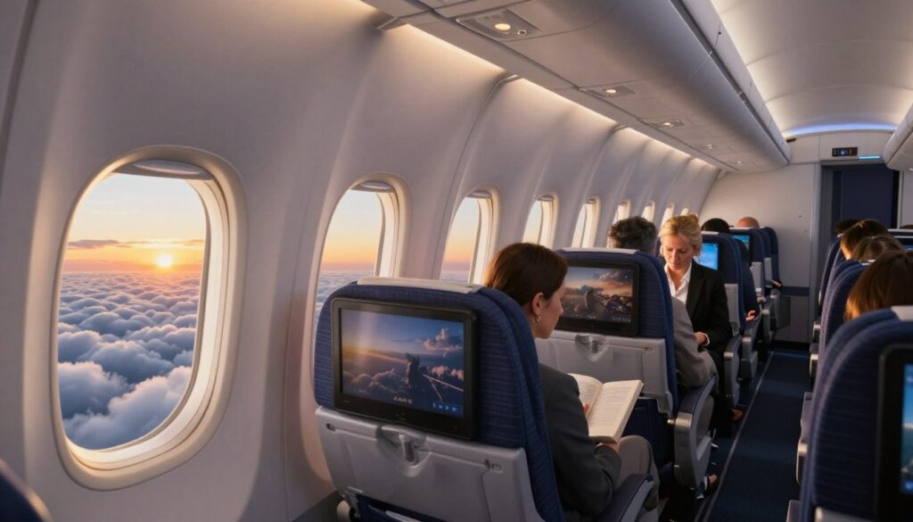 A serene airplane cabin interior scene during a long-haul flight, featuring a diverse group of passengers seated comfortably in professional business attire, engaged in various activities like reading or watching movies. The foreground captures a large window revealing a breathtaking aerial view of fluffy white clouds and a vibrant sunset, casting warm golden light into the cabin. The middle shows cushioned seat designs with elegant dark blue fabrics and personal screens in front of each passenger. The background displays soft, ambient cabin lighting, creating a peaceful atmosphere. The image should evoke a sense of tranquility and comfort, highlighting the ease of long-distance travel while ensuring the cabin feels welcoming and spacious.