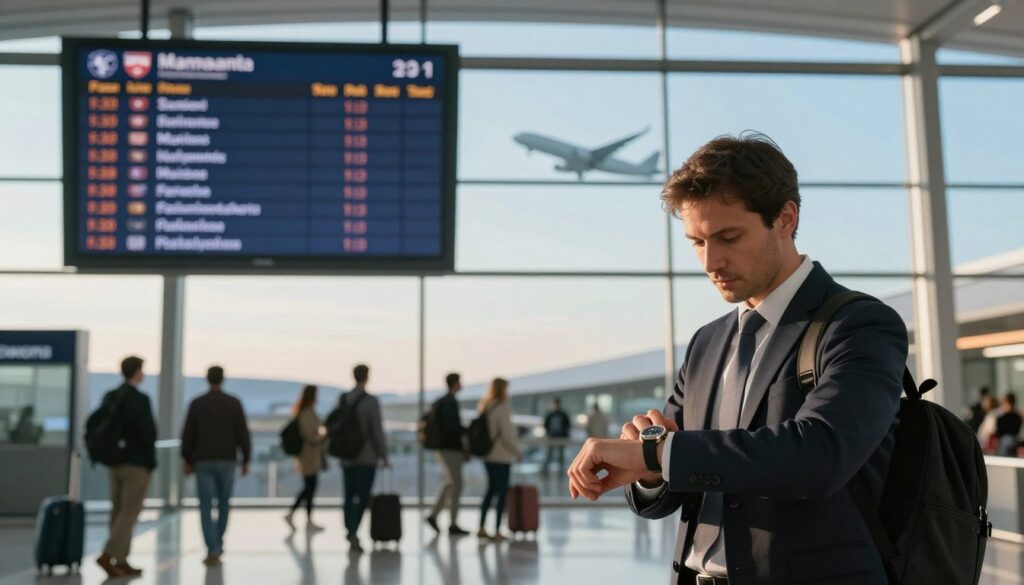 A serene airport scene capturing the essence of travel and time. In the foreground, a professional traveler in business attire is checking the time on their wristwatch, clearly contemplating the journey ahead. In the middle ground, a large flight information board displays departure times, emphasizing the duration of flights. Soft, warm lighting filters in through large windows, highlighting the hustle and bustle of passengers moving between terminals. The background features the silhouette of an airplane taking off, symbolizing the excitement of air travel, set against a bright blue sky. The atmosphere is dynamic yet focused, evoking a sense of anticipation and preparation for the journey from Warsaw to Miami.