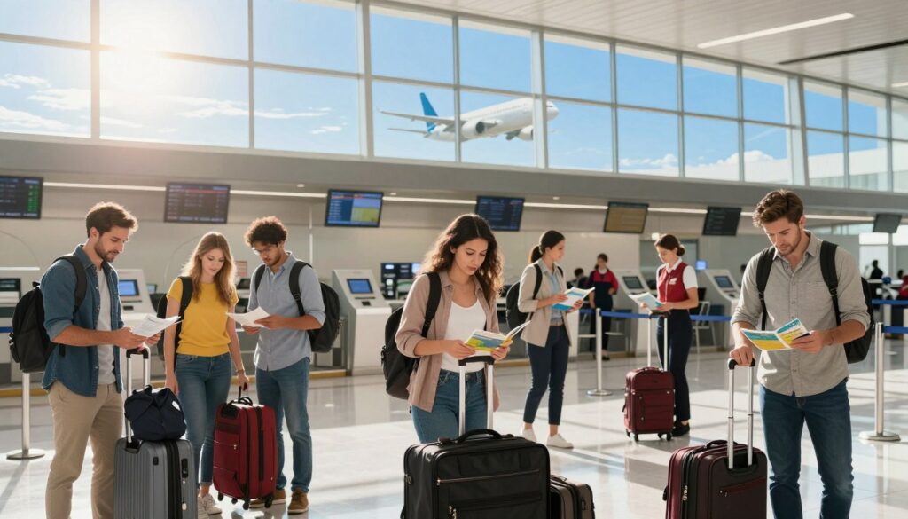 A serene airport scene showcasing travelers preparing for a long flight to Miami. In the foreground, a diverse group of passengers, dressed in comfortable yet professional attire, is organizing their carry-on bags and consulting travel guides. The middle ground features a spacious check-in area with modern kiosks and friendly airline staff assisting travelers, creating a welcoming atmosphere. The background reveals large windows displaying an airplane ready for takeoff, with a clear blue sky and the sun shining brightly, symbolizing adventure and freedom. The lighting is bright and cheerful, accentuating the anticipation of the journey. The mood is upbeat and focused, embodying the excitement of preparing for a long-haul flight.